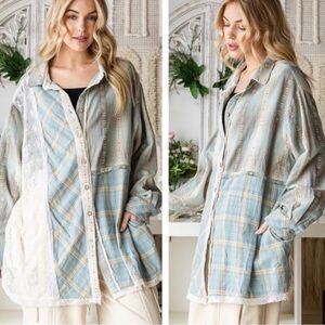 Oli & Hali Plaid Lace Shirt , Mixed material Boho NWT OVERSIZED